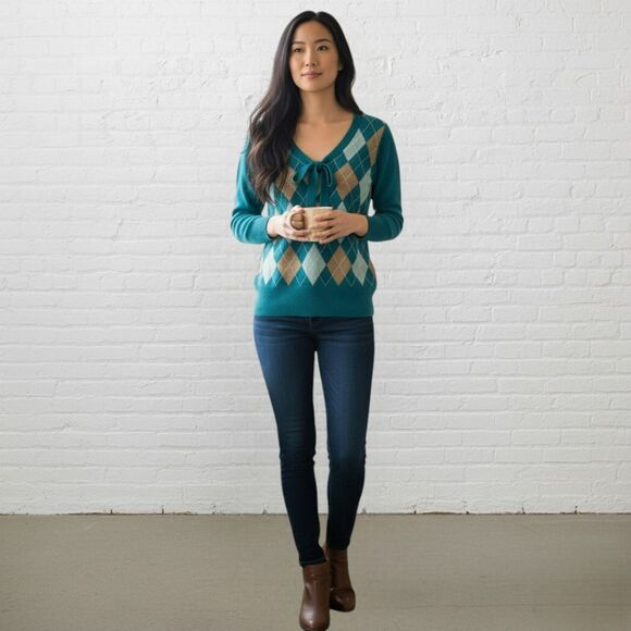 Talbots Sweater Size XS Argyle Merino Wool Teal Tie Neck Italian Preppy - Picture 16 of 16